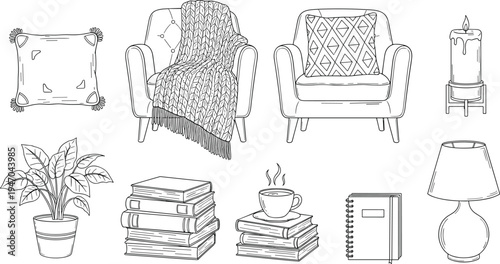 Hand Drawn Vector Collection of Cozy Home Interior Elements Featuring Comfortable Armchairs Blankets Pillows Books Houseplants Lamps and Coffee Cups