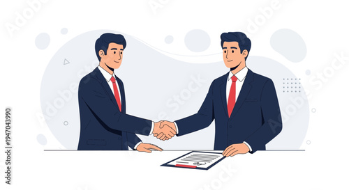Businessmen shaking hands over a contract, symbolizing agreement and partnership.