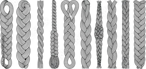 Set of Braided Hair and Rope Illustrations Featuring Various Plait Styles Knot Designs and Twined Cord Patterns in Detailed Line Art