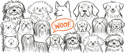 Scribble chalk or charcoal style dogs drawing. Hand drawn puppy sketches, wax crayon outline funny whimsical grunge charcoal art for tshirt print, placard, poster or isolated doodle stickers. 