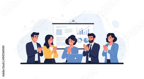 Business team applauding at a meeting with presentation board and laptop