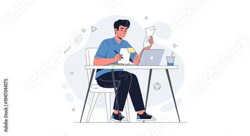 Young man working at desk with laptop and papers, illustration