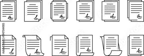 Set of Document and Contract Icons Featuring Signed Papers Legal Agreements Business Forms Reports and Work Stationery Symbols in Line Art