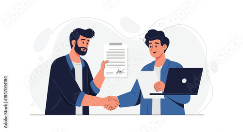 Businessmen shaking hands over contract with laptop, agreement and partnership concept