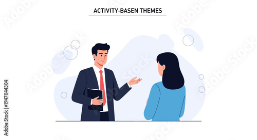 Business Meeting: Man in Suit Discussing with Woman, Office Environment