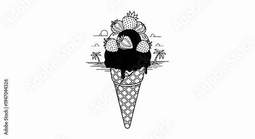 Black ice cream cone with strawberries, palm trees, and stylized clouds