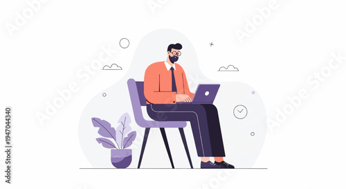 Bearded man in glasses sits on a chair, typing on a laptop next to a plant