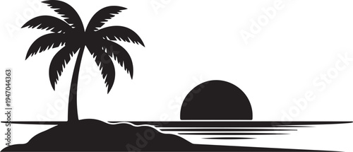 Black silhouette tropical island with palm tree vector