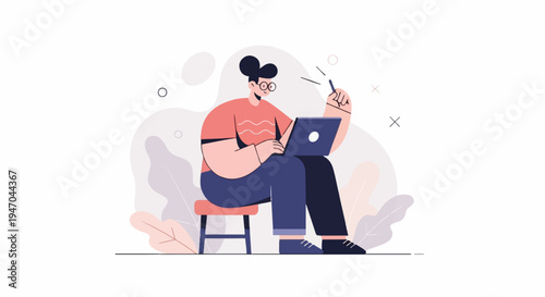 Person sitting on stool with laptop and pen, surrounded by abstract shapes