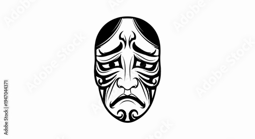 Black ink drawing of a stylized, traditional mask with intricate facial details