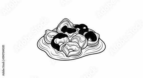 Black and white illustration of a pile of cream puffs on a wavy plate