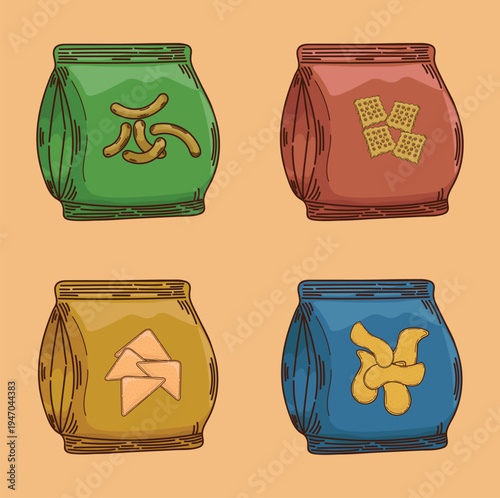 Illustration of snack crackers various types of chips with various flavors snack chip packaging