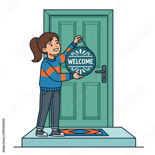 Smiling girl hanging welcome sign on front door creating warm greeting and hospitality atmosphere