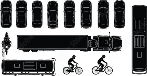 Top-down view silhouettes of cars, bus, truck, motorcycle, RV, and bicycles, transportation vector illustration for traffic, urban planning, mobility, and educational design concepts
