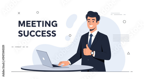 Successful businessman giving thumbs up near laptop, meeting success concept