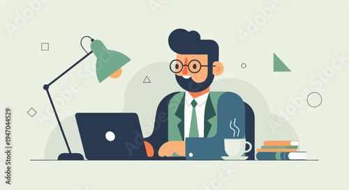 Smiling man in suit works at desk with laptop, coffee, and books