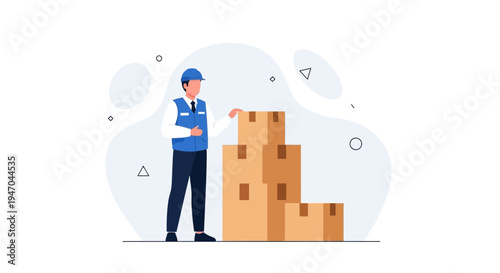 Warehouse worker in uniform with stacked cardboard boxes, logistics and delivery concept
