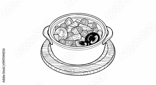 Black and white illustration of a pot of okra and tomato stew on a wooden base
