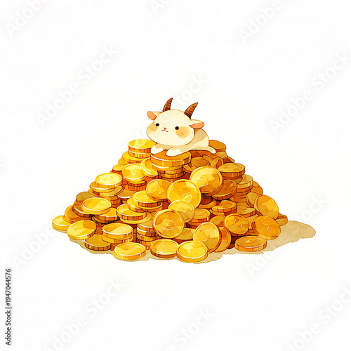 Cute goat sitting on a pile of golden coins in a simple cartoon style with no background details