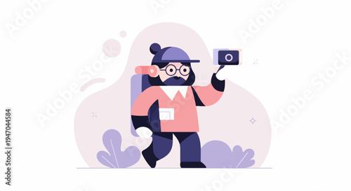 Cartoon adventurer with backpack and camera taking a photo