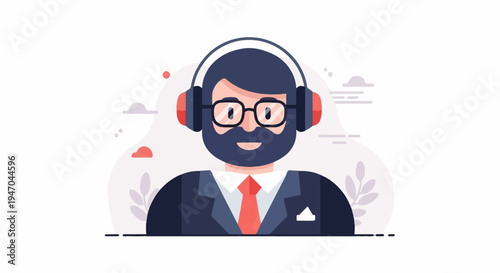 Man with headphones and beard in a suit, listening