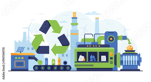 Circular Economy Recycling Plant: Sustainable Waste Management with Green Energy Production and Eco-Friendly Practices Illustration