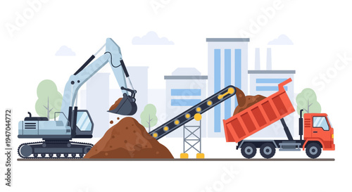 Construction Earthmoving Operation: Excavator, Conveyor Belt, and Dump Truck Loading Soil at Building Site. Heavy Equipment at Work.