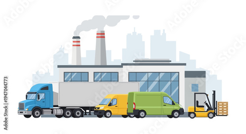 Global Supply Chain Logistics: Factory with Delivery Trucks, Vans, Forklift & City Background - Industrial Transport & Distribution Concept