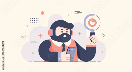 Bearded man in headphones holding phone and magnifying glass with graphic elements