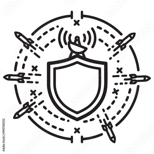 Missile defense system icon featuring a protective shield and radar dish intercepting incoming rockets within a circular perimeter, representing national security and advanced military technology.