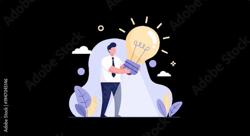 Man holding a bright idea bulb, surrounded by abstract shapes and plants