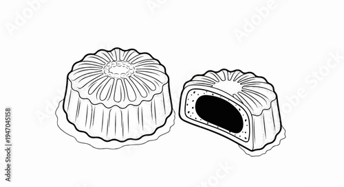 Black and white illustration of two decorative cakes, one whole and one cut