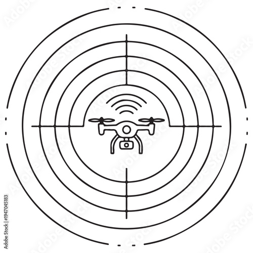 Minimalist line art icon of a quadcopter drone being tracked or detected within a circular radar target interface, representing surveillance technology and anti-drone defense systems.