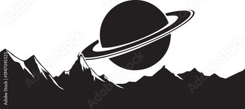 Vector illustration of Saturn planet with mountain range in black
