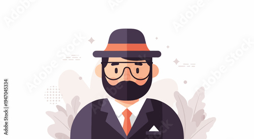 Flat illustration of a bearded man in a hat and suit (1)