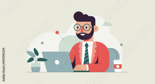 Flat illustration of a bearded man in glasses and a suit working on a laptop