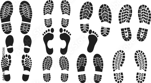 Vector Silhouette Set of Human Barefoot Footprints and Tactical Boot Sole Tread Patterns Isolated on White Background for Forensic Evidence Outdoor Adventure and Wellness