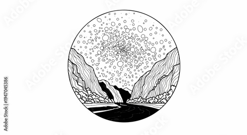 Black and white line drawing of a river flowing between mountains under a sky of bubbles