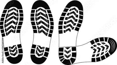 Vector Silhouette Set of Tactical Boot Footprints and Heavy Duty Shoe Sole Tread Patterns Isolated on White Background for Forensic Evidence and Outdoor Adventure