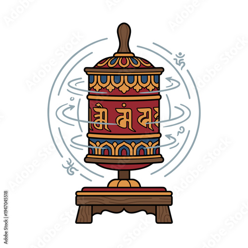 Traditional Buddhist prayer wheel spinning with sacred mantra symbols representing meditation and spirituality