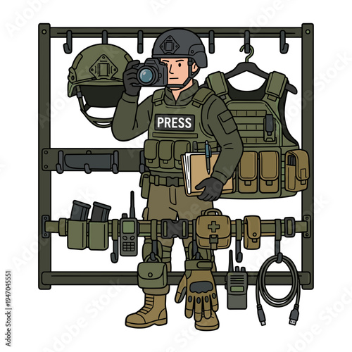 War correspondent wearing helmet and press vest documenting military equipment and battlefield environment