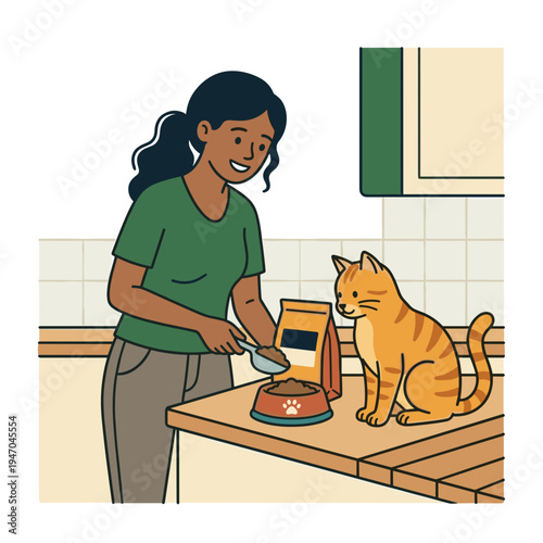 Woman feeding cat with bowl of pet food in kitchen at home