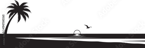 Black silhouette tropical beach landscape vector
