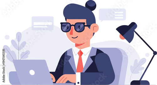 Person wearing glasses and suit, typing on a laptop at a desk with a lamp