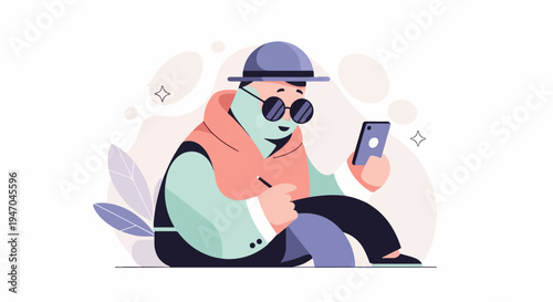 Stylized person in hat, sunglasses, and jacket takes selfie with phone