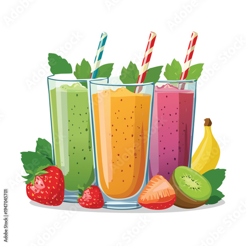 Colorful smoothie glasses with fresh fruit and mint leaves on white background