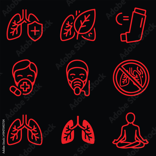  Red Line Icons for Respiratory Health, Asthma Treatment, and Lung Care
