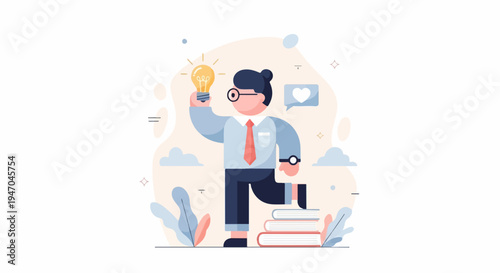 Cartoon business person holding lightbulb, stepping on books