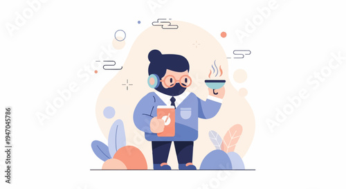 Flat character with headphones holds a book and steaming bowl against backdrop