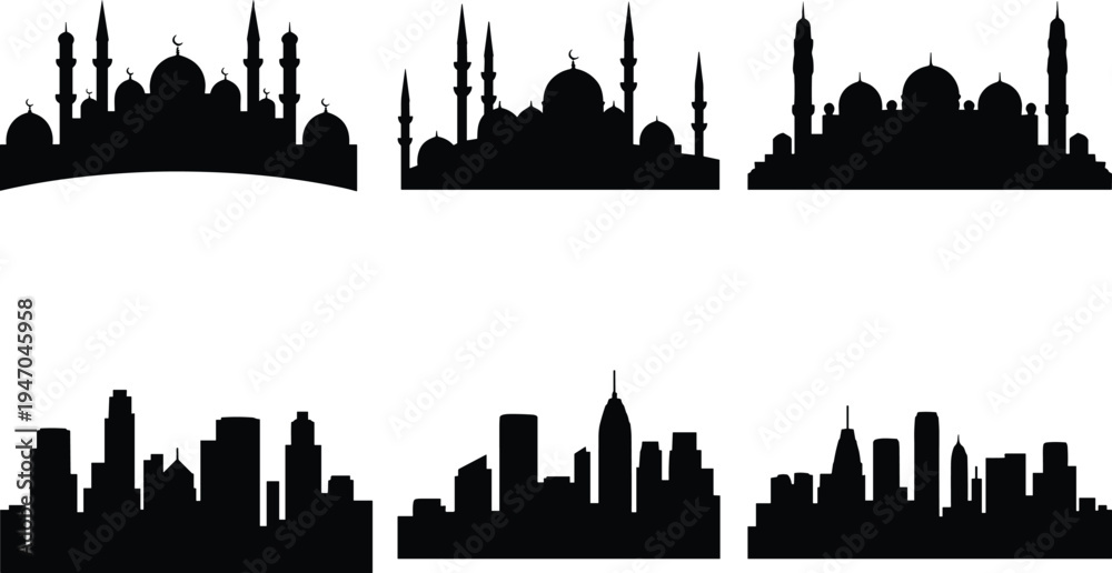 Fototapeta premium Mosque and modern city skyline silhouette set, Islamic architecture domes and minarets with urban buildings collection for Ramadan, Eid Mubarak, cultural cityscape design
